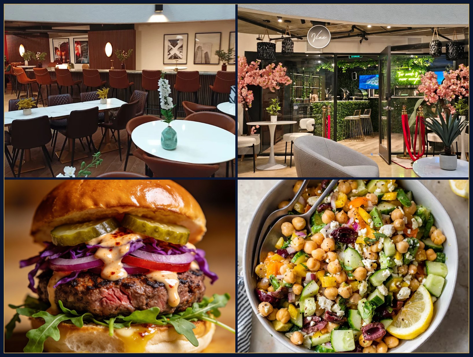 The Vine Restaurant and Bar Lounge during Loving Bingo — venue, bar, food, entrance collage